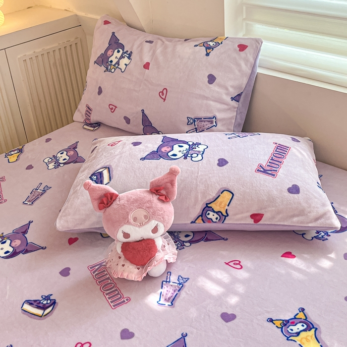 91家纺网 家纺一手货源 找家纺 金爱家 2025新款三丽鸥牛奶绒单品系列床单床笠单件 绒-X紫心库洛米