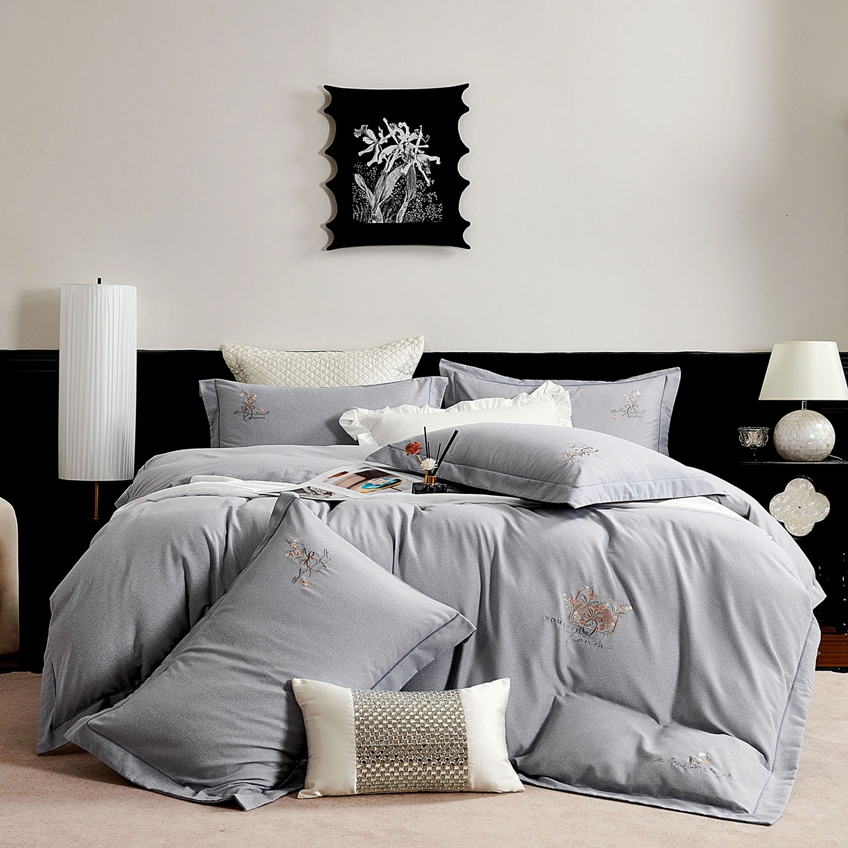 U品汇 2025新品60S长绒棉加厚全棉纯棉磨毛刺绣花四件套宽边款礼盒装 清韵-高级灰