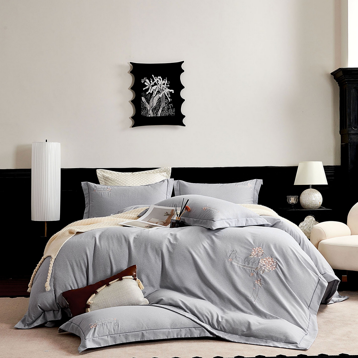 U品汇 2025新品60S长绒棉加厚全棉纯棉磨毛刺绣花四件套宽边款礼盒装 悦颜-高级灰