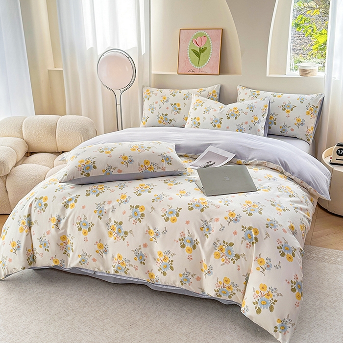 91家纺网 家纺一手货源 找家纺 2025直播新款13372全棉纯棉印花四件套喷气小清新简约热款学生四件套 冷露金桂新花型上新