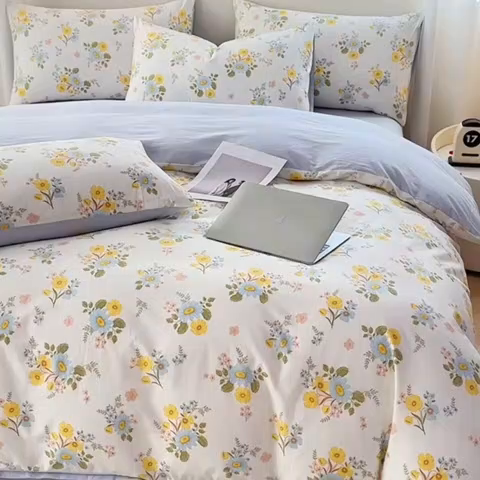 91家纺网 家纺一手货源 找家纺 2025直播新款13372全棉纯棉印花四件套喷气小清新简约热款学生四件套 冷露金桂新花型上新