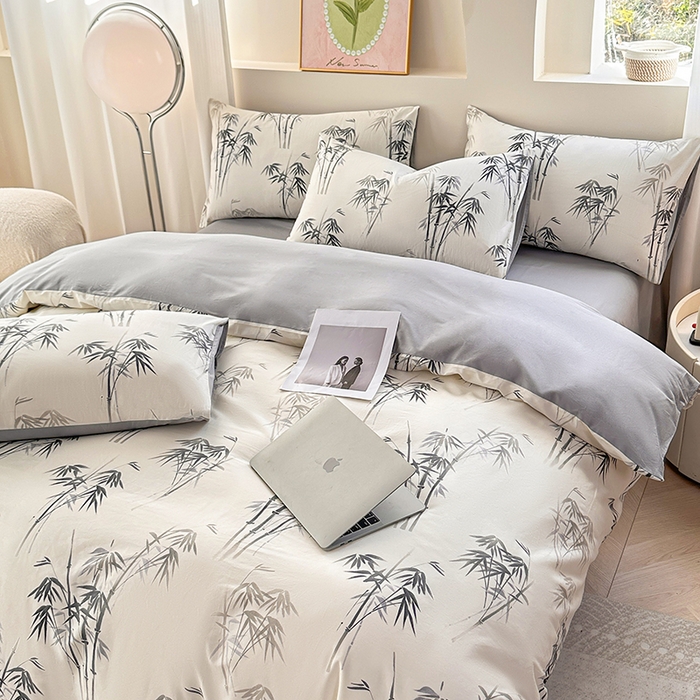 91家纺网 家纺一手货源 找家纺 2025直播新款13372全棉纯棉印花四件套喷气小清新简约热款学生四件套 墨竹新花型上新