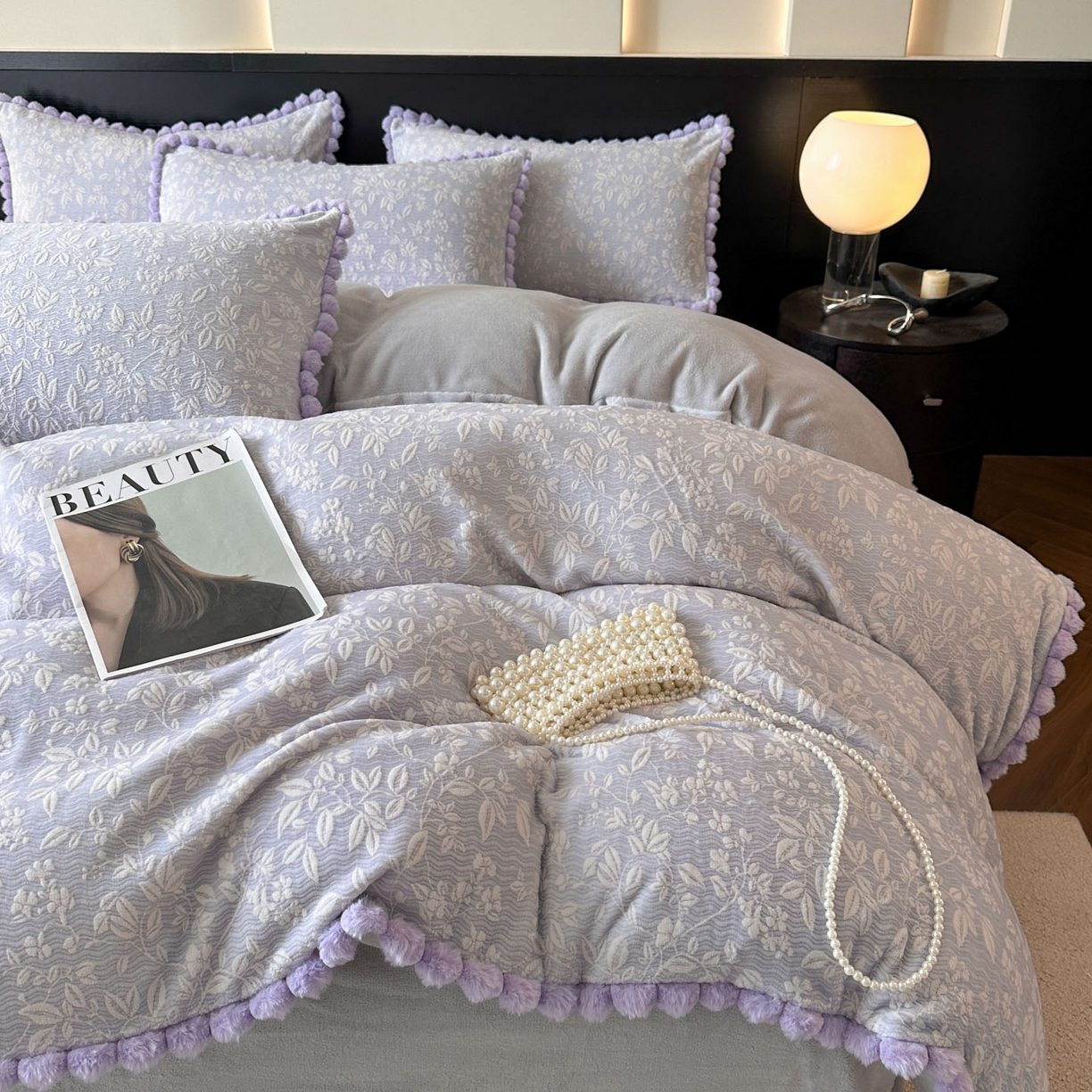 羚羊语家纺 2025新款雕花绒牛奶绒兔毛球四件套轻奢风立体着色烂花牛奶绒提花加厚保暖床单 蜜绒绒-星云紫