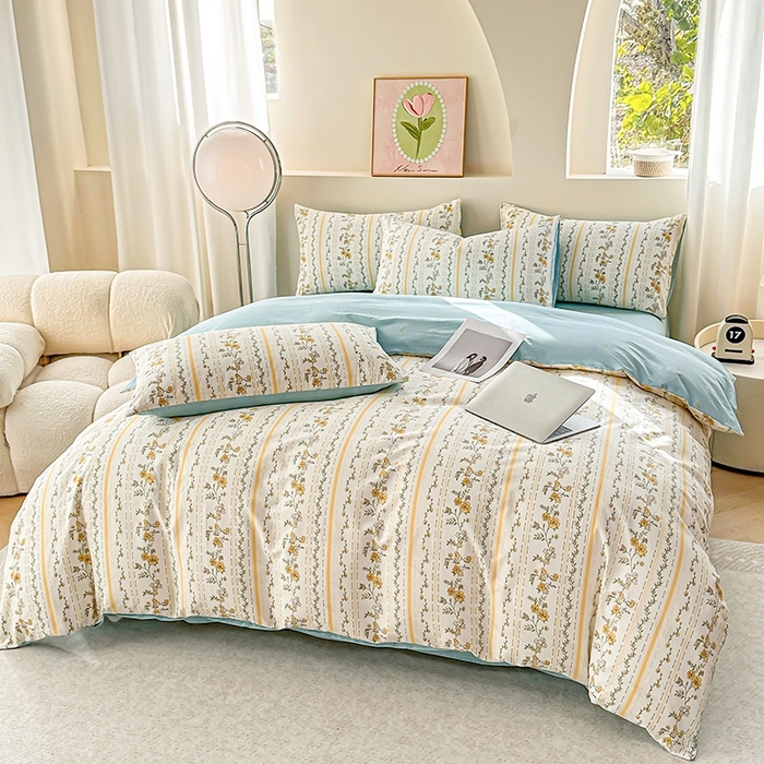 91家纺网 家纺一手货源 找家纺  2025直播新款13372全棉纯棉印花四件套喷气小清新简约热款学生四件套 宁静致远新花型上新