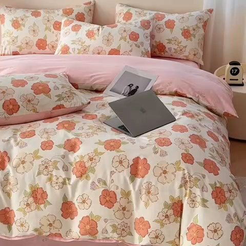 91家纺网 家纺一手货源 找家纺 2025直播新款13372全棉纯棉印花四件套喷气小清新简约热款学生四件套 颂和新花型上新