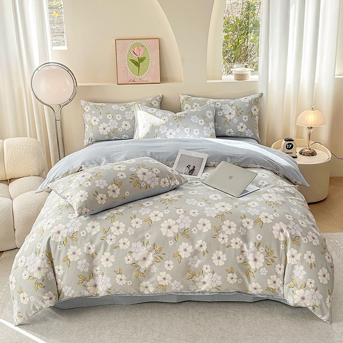 2025直播新款13372全棉纯棉印花四件套喷气小清新简约热款学生四件套 云深白茶新花型上新