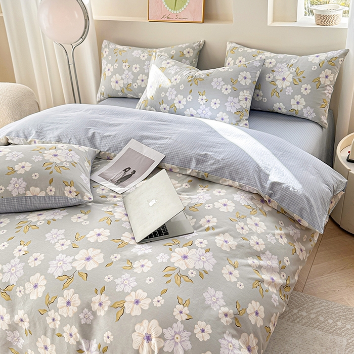 91家纺网 家纺一手货源 找家纺 2025直播新款13372全棉纯棉印花四件套喷气小清新简约热款学生四件套 云深白茶新花型上新