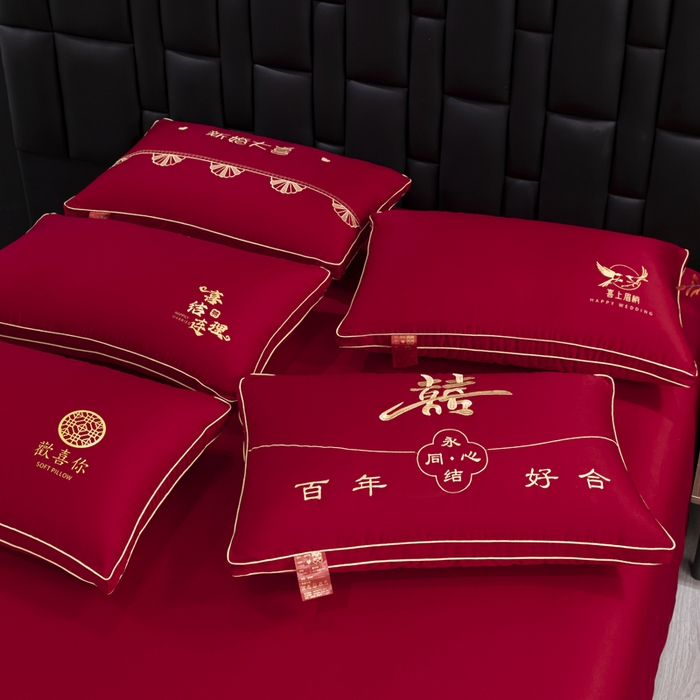 91家纺网 家纺一手货源 找家纺 （总）仁宇枕业 2025新款新品 高端全棉刺绣婚庆枕头大红结婚专用枕芯