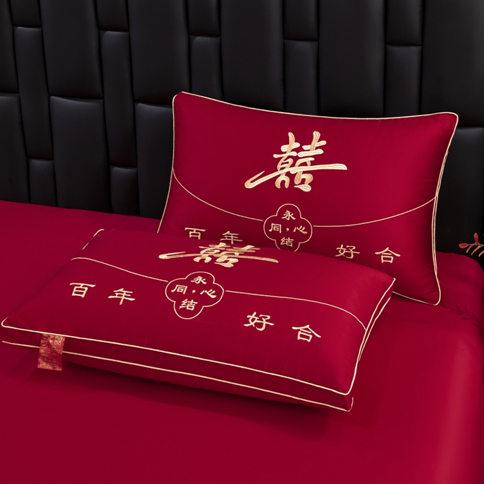 91家纺网 家纺一手货源 找家纺 （总）仁宇枕业 2025新款新品 高端全棉刺绣婚庆枕头大红结婚专用枕芯