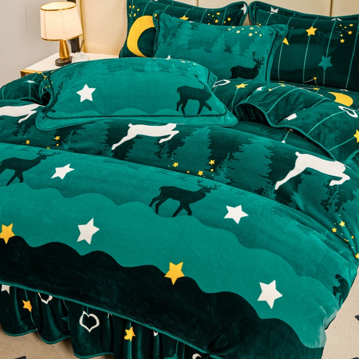 91家纺网 家纺一手货源 找家纺 博兰蒂 2025新款床裙款高克重牛奶绒印花四件套 迷情鹿