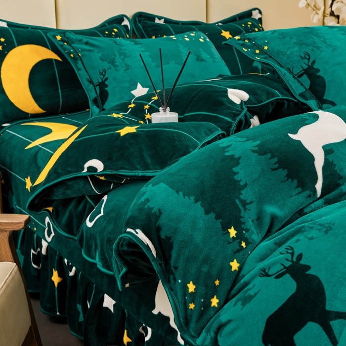 91家纺网 家纺一手货源 找家纺 博兰蒂 2025新款床裙款高克重牛奶绒印花四件套 迷情鹿