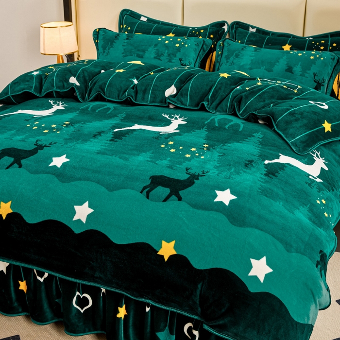 91家纺网 家纺一手货源 找家纺 博兰蒂 2025新款床裙款高克重牛奶绒印花四件套 迷情鹿