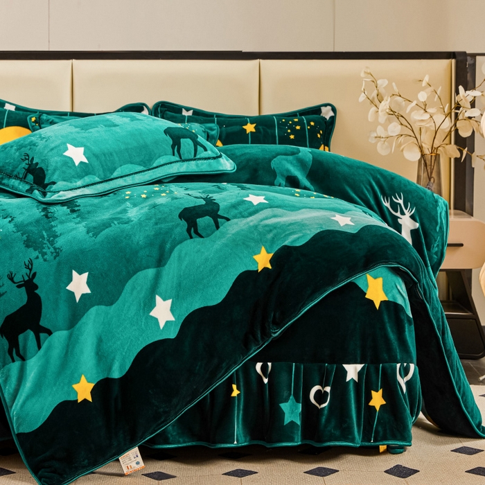 91家纺网 家纺一手货源 找家纺 博兰蒂 2025新款床裙款高克重牛奶绒印花四件套 迷情鹿