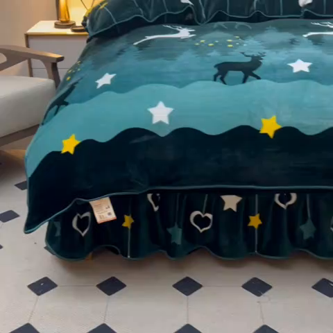 91家纺网 家纺一手货源 找家纺 博兰蒂 2025新款床裙款高克重牛奶绒印花四件套 迷情鹿