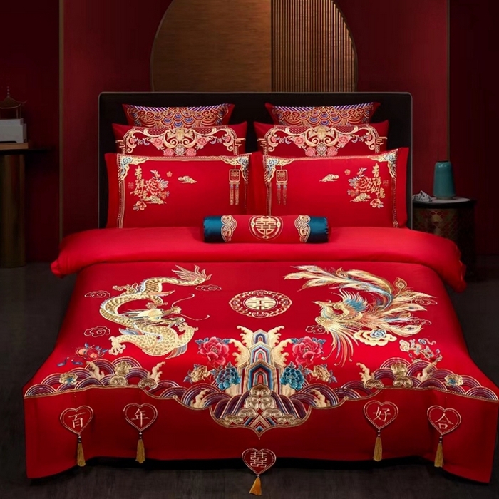 91家纺网 家纺一手货源 找家纺 （总）布乐意 2025新款全棉长绒棉贡缎提花全工艺喷气重工新中式绣花大红婚庆四件套多件套直播