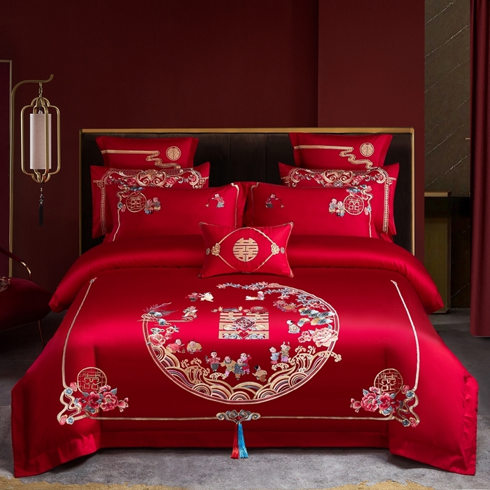 91家纺网 家纺一手货源 找家纺 （总）布乐意 2025新款全棉长绒棉贡缎提花全工艺喷气重工新中式绣花大红婚庆四件套多件套直播