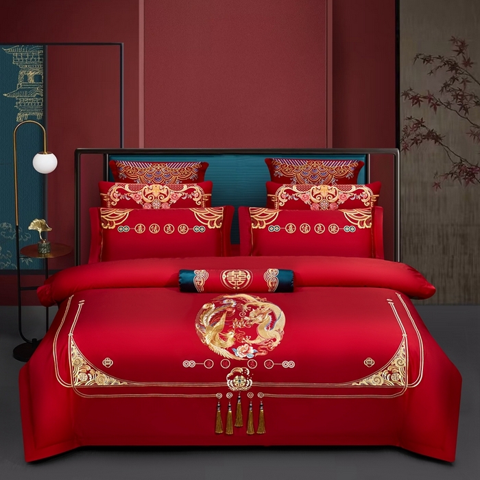 91家纺网 家纺一手货源 找家纺 （总）布乐意 2025新款全棉长绒棉贡缎提花全工艺喷气重工新中式绣花大红婚庆四件套多件套直播