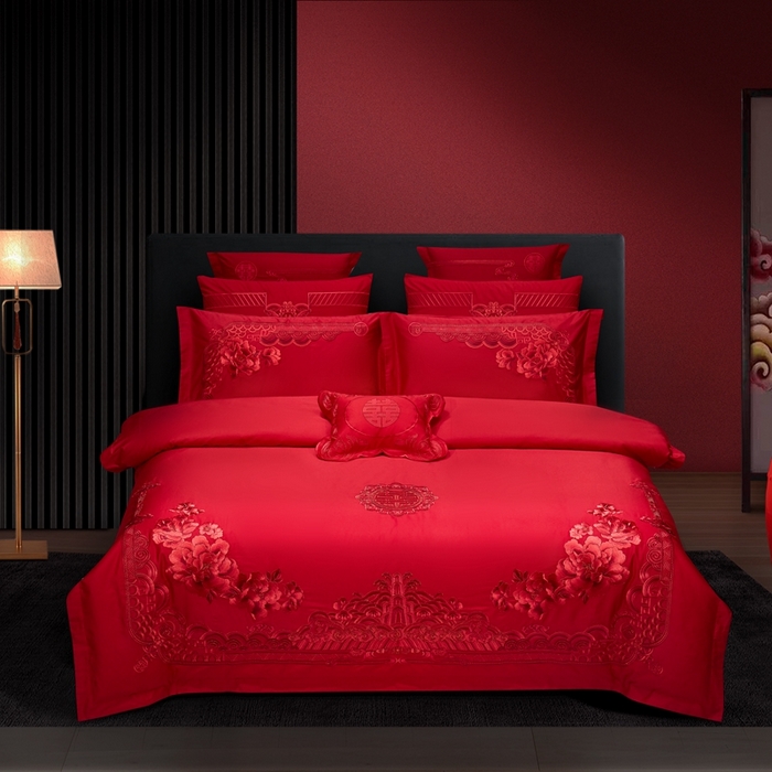 91家纺网 家纺一手货源 找家纺 （总）布乐意 2025新款全棉长绒棉贡缎提花全工艺喷气重工新中式绣花大红婚庆四件套多件套直播