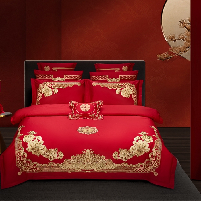 91家纺网 家纺一手货源 找家纺 （总）布乐意 2025新款全棉长绒棉贡缎提花全工艺喷气重工新中式绣花大红婚庆四件套多件套直播