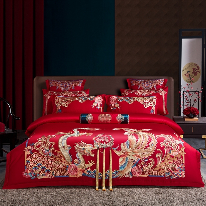 91家纺网 家纺一手货源 找家纺 （总）布乐意 2025新款全棉长绒棉贡缎提花全工艺喷气重工新中式绣花大红婚庆四件套多件套直播