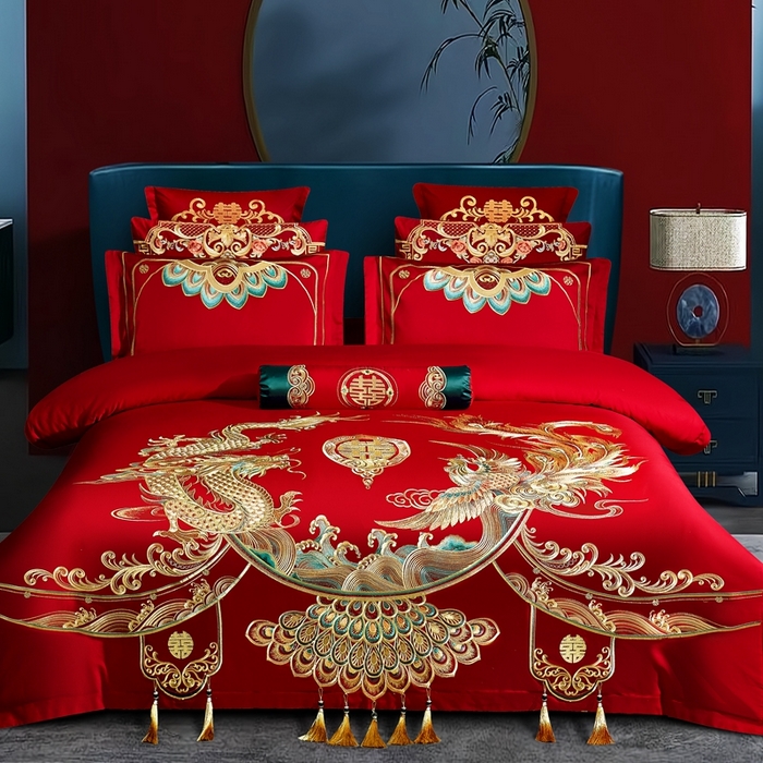 91家纺网 家纺一手货源 找家纺 （总）布乐意 2025新款全棉长绒棉贡缎提花全工艺喷气重工新中式绣花大红婚庆四件套多件套直播