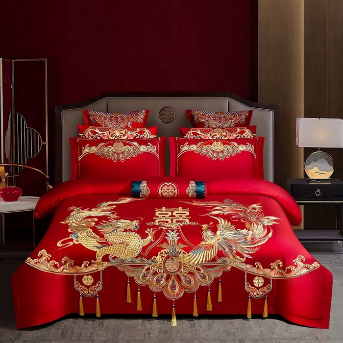 91家纺网 家纺一手货源 找家纺 （总）布乐意 2025新款全棉长绒棉贡缎提花全工艺喷气重工新中式绣花大红婚庆四件套多件套直播