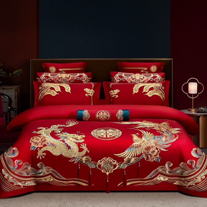 91家纺网 家纺一手货源 找家纺 （总）布乐意 2025新款全棉长绒棉贡缎提花全工艺喷气重工新中式绣花大红婚庆四件套多件套直播