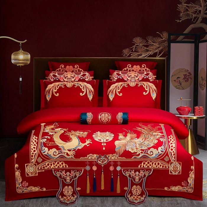 91家纺网 家纺一手货源 找家纺 （总）布乐意 2025新款全棉长绒棉贡缎提花全工艺喷气重工新中式绣花大红婚庆四件套多件套直播