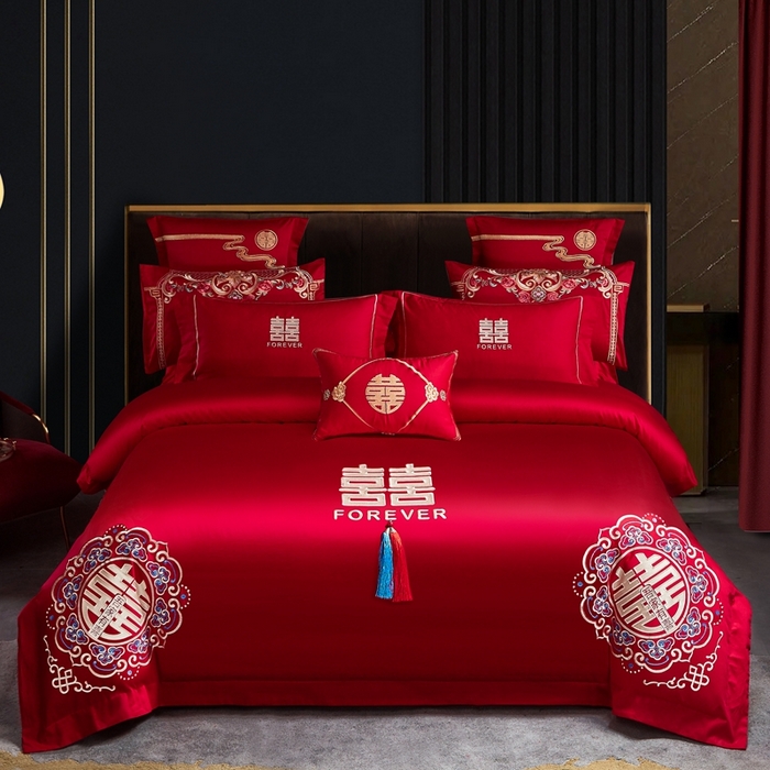 91家纺网 家纺一手货源 找家纺 （总）布乐意 2025新款全棉长绒棉贡缎提花全工艺喷气重工新中式绣花大红婚庆四件套多件套直播