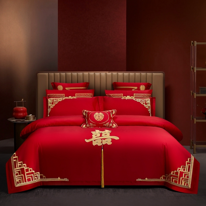 91家纺网 家纺一手货源 找家纺 （总）布乐意 2025新款全棉长绒棉贡缎提花全工艺喷气重工新中式绣花大红婚庆四件套多件套直播