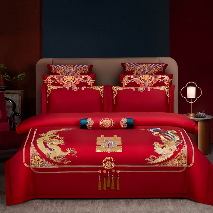 91家纺网 家纺一手货源 找家纺 （总）布乐意 2025新款全棉长绒棉贡缎提花全工艺喷气重工新中式绣花大红婚庆四件套多件套直播