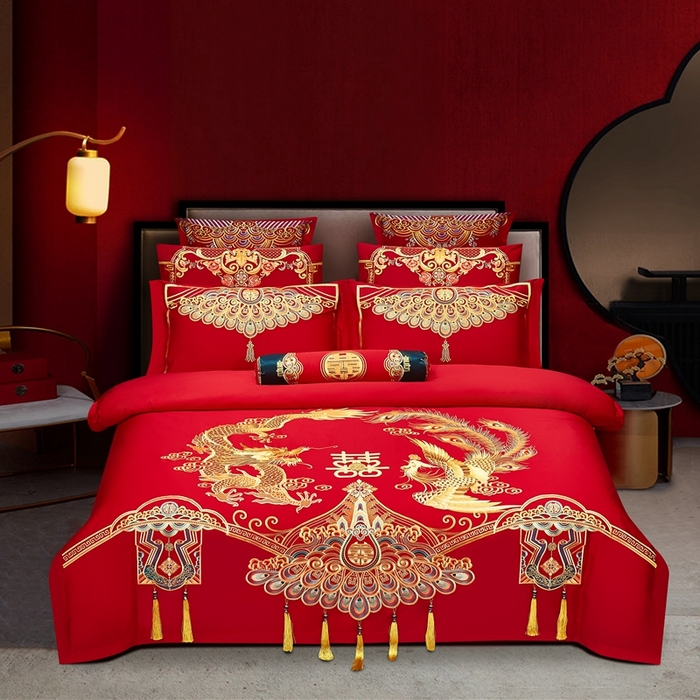 91家纺网 家纺一手货源 找家纺 （总）布乐意 2025新款全棉长绒棉贡缎提花全工艺喷气重工新中式绣花大红婚庆四件套多件套直播