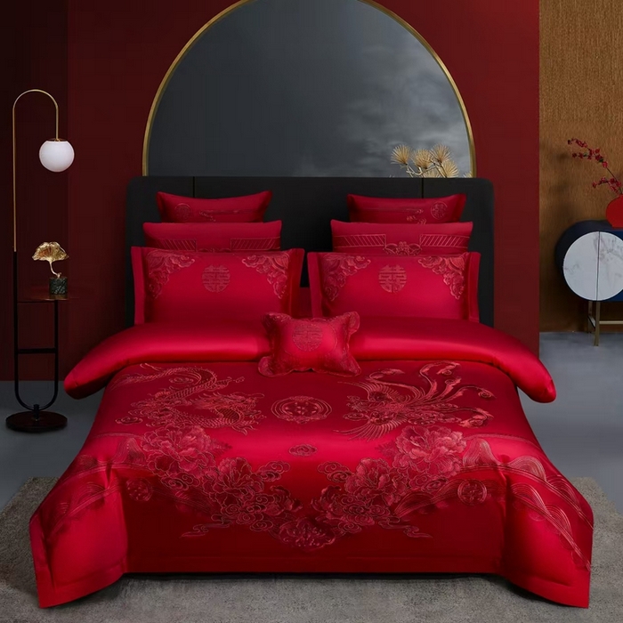 91家纺网 家纺一手货源 找家纺 （总）布乐意 2025新款全棉长绒棉贡缎提花全工艺喷气重工新中式绣花大红婚庆四件套多件套直播