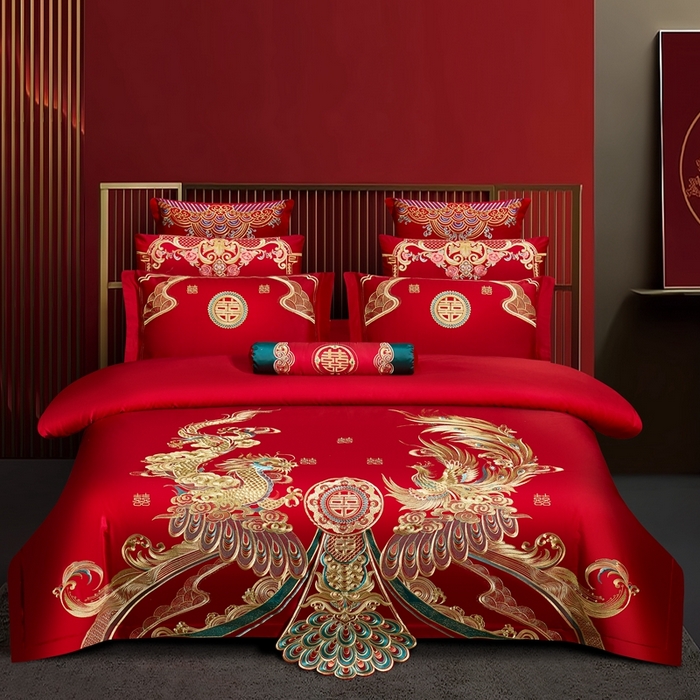 91家纺网 家纺一手货源 找家纺 （总）布乐意 2025新款全棉长绒棉贡缎提花全工艺喷气重工新中式绣花大红婚庆四件套多件套直播