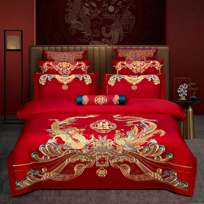 91家纺网 家纺一手货源 找家纺 （总）布乐意 2025新款全棉长绒棉贡缎提花全工艺喷气重工新中式绣花大红婚庆四件套多件套直播