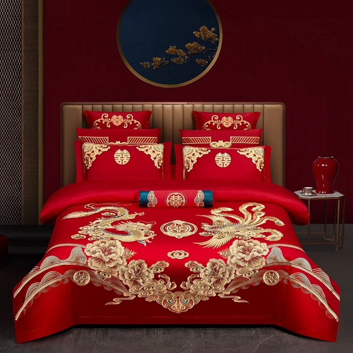 91家纺网 家纺一手货源 找家纺 （总）布乐意 2025新款全棉长绒棉贡缎提花全工艺喷气重工新中式绣花大红婚庆四件套多件套直播