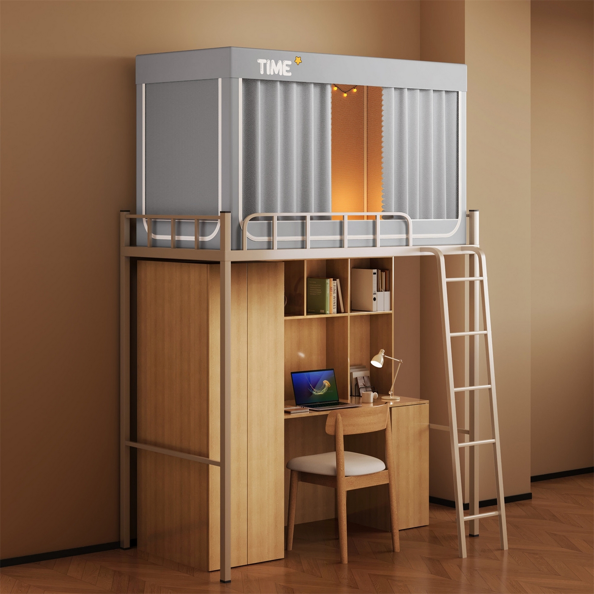 91家纺网 家纺一手货源 找家纺 佳梦家纺 2025新款学生坐床蚊帐-星星系列 星星-大地灰