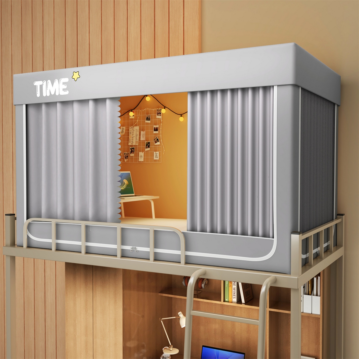 91家纺网 家纺一手货源 找家纺 佳梦家纺 2025新款学生坐床蚊帐-星星系列 星星-大地灰