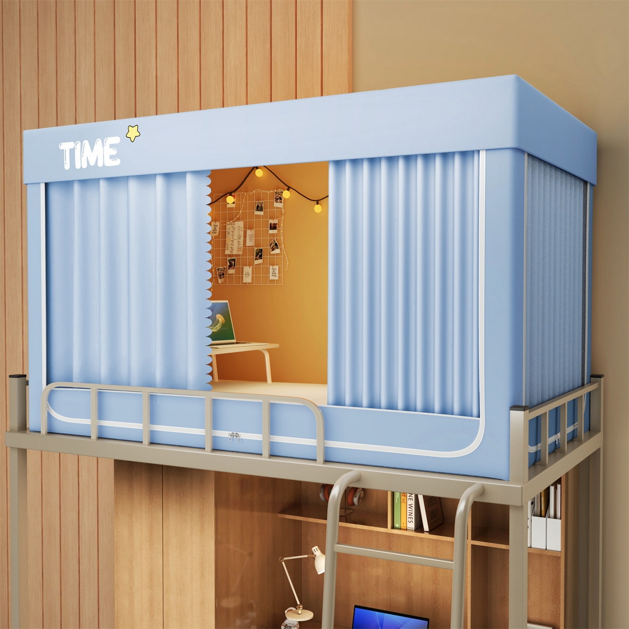 91家纺网 家纺一手货源 找家纺 佳梦家纺 2025新款学生坐床蚊帐-星星系列 星星-海盐蓝