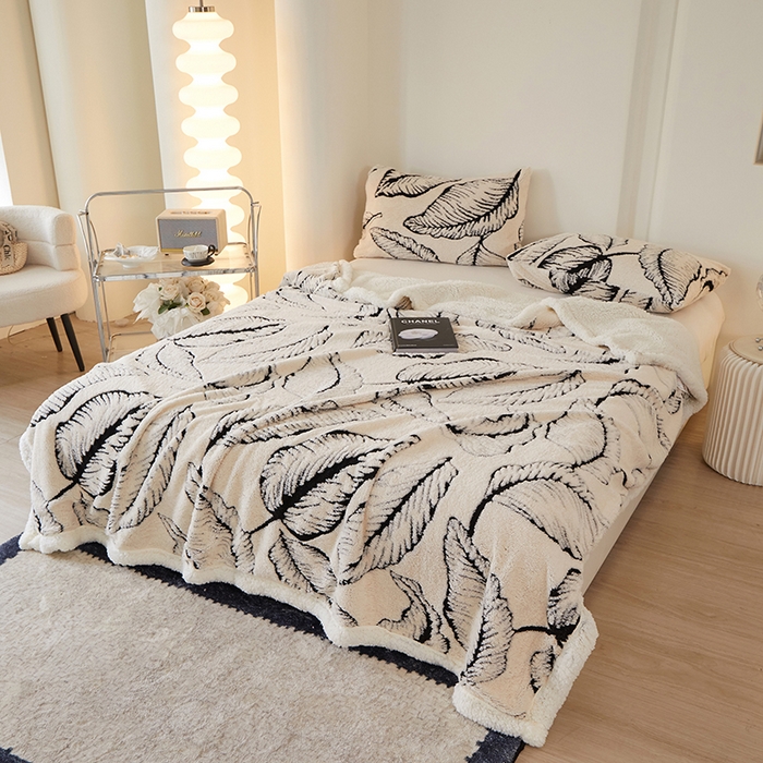 91家纺网 家纺一手货源 找家纺 楼兰公主 2025新款阳离子羊羔绒蕉叶绒毯双层毛毯毯子 蕉叶绒-白