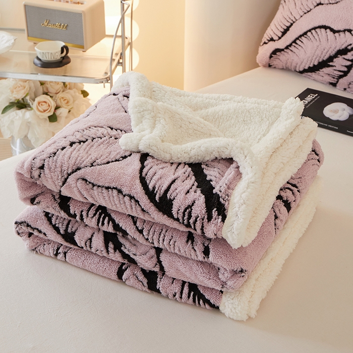 91家纺网 家纺一手货源 找家纺 楼兰公主 2025新款阳离子羊羔绒蕉叶绒毯双层毛毯毯子 蕉叶绒-粉
