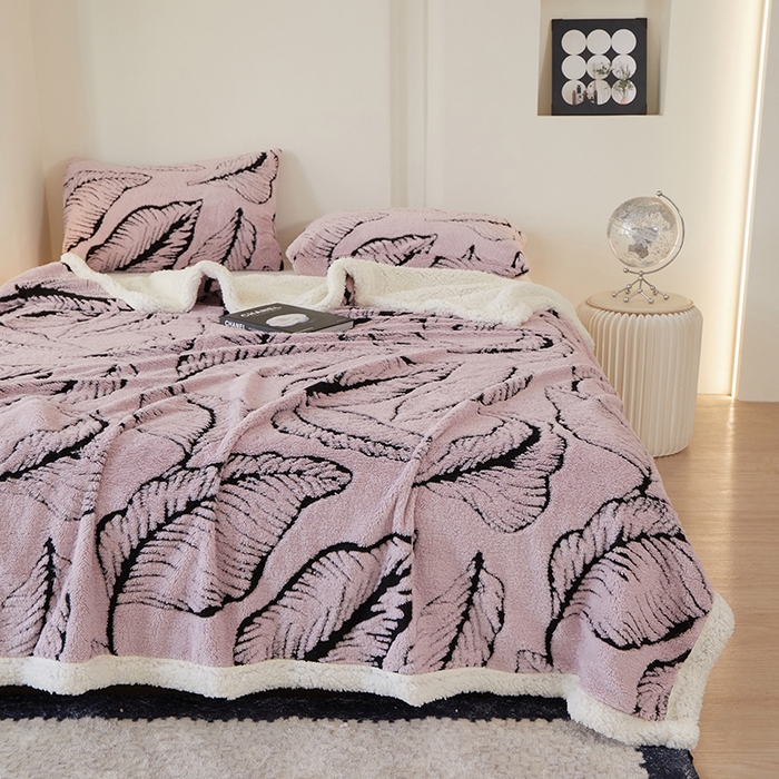 91家纺网 家纺一手货源 找家纺 楼兰公主 2025新款阳离子羊羔绒蕉叶绒毯双层毛毯毯子 蕉叶绒-粉