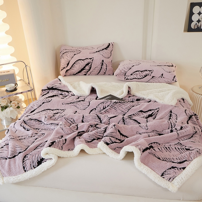 91家纺网 家纺一手货源 找家纺 楼兰公主 2025新款阳离子羊羔绒蕉叶绒毯双层毛毯毯子 蕉叶绒-粉