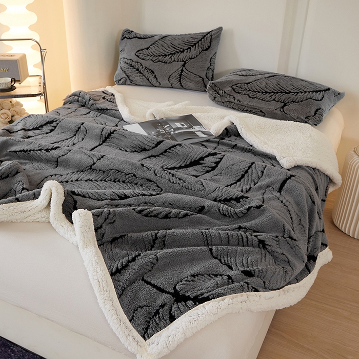91家纺网 家纺一手货源 找家纺 楼兰公主 2025新款阳离子羊羔绒蕉叶绒毯双层毛毯毯子 蕉叶绒-灰