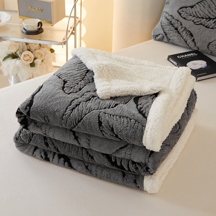 91家纺网 家纺一手货源 找家纺 楼兰公主 2025新款阳离子羊羔绒蕉叶绒毯双层毛毯毯子 蕉叶绒-灰