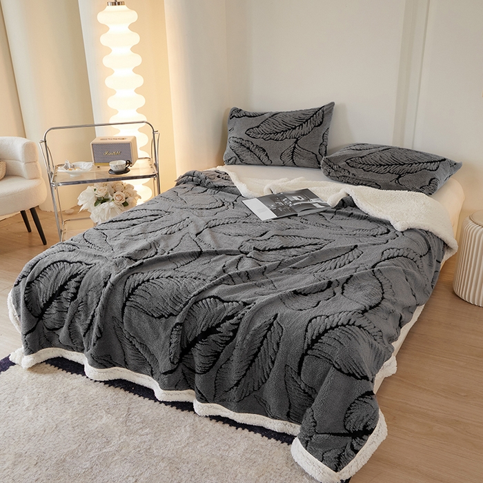 91家纺网 家纺一手货源 找家纺 楼兰公主 2025新款阳离子羊羔绒蕉叶绒毯双层毛毯毯子 蕉叶绒-灰