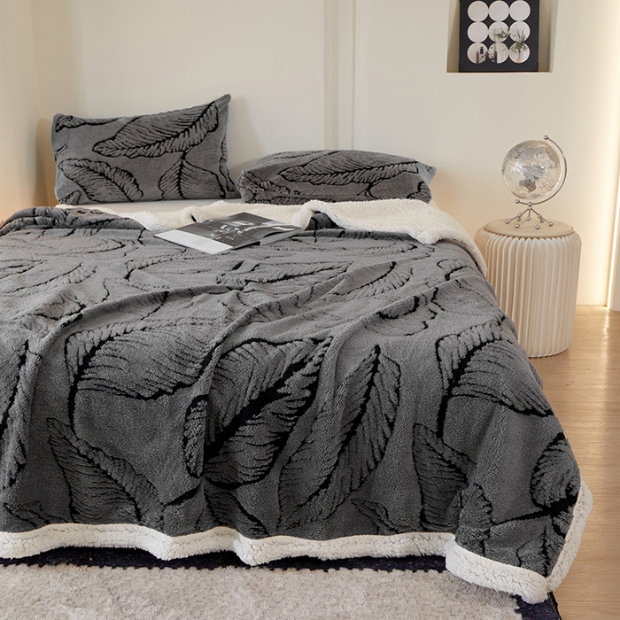 91家纺网 家纺一手货源 找家纺 楼兰公主 2025新款阳离子羊羔绒蕉叶绒毯双层毛毯毯子 蕉叶绒-灰