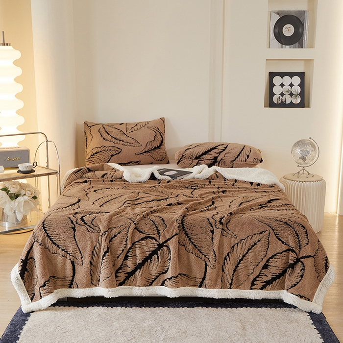 91家纺网 家纺一手货源 找家纺 楼兰公主 2025新款阳离子羊羔绒蕉叶绒毯双层毛毯毯子 蕉叶绒-咖