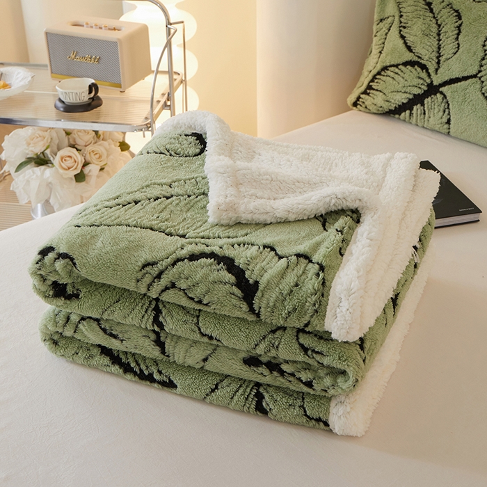 91家纺网 家纺一手货源 找家纺 楼兰公主 2025新款阳离子羊羔绒蕉叶绒毯双层毛毯毯子 蕉叶绒-绿