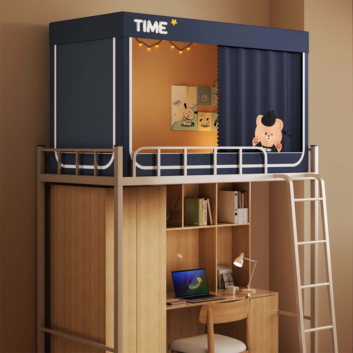 91家纺网 家纺一手货源 找家纺 佳梦家纺 2025新款学生坐床烫画蚊帐 黑色小熊